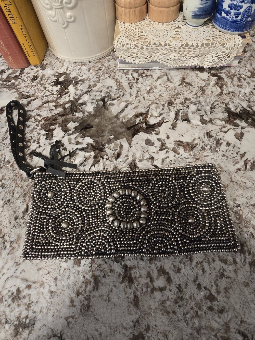 Beaded Metallic Evening Clutch - Silver